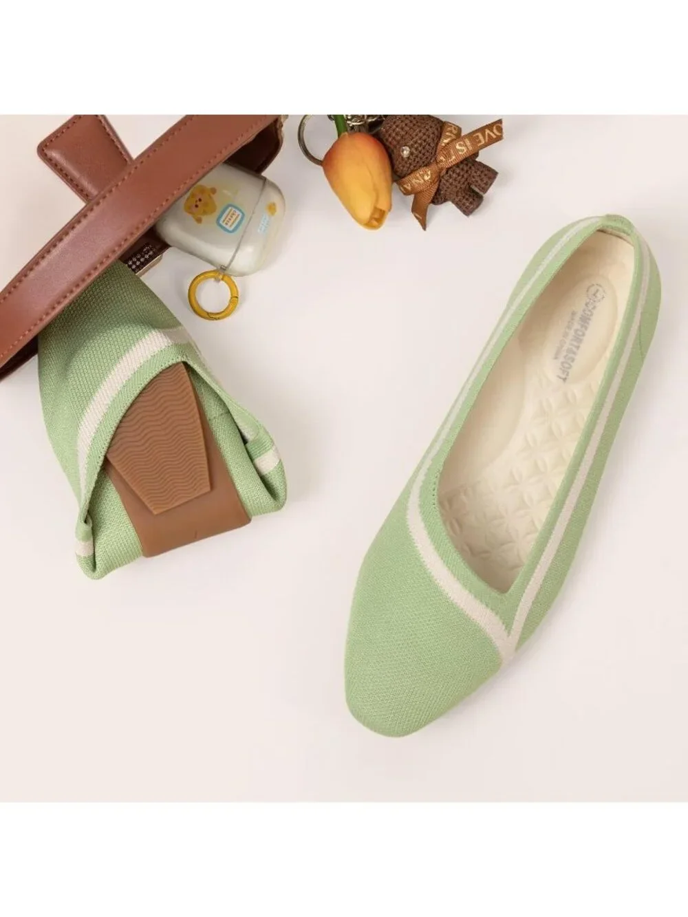 Frank Mully Women's Green Rubber Knitted Square Toe Comfortable Slip On Flats